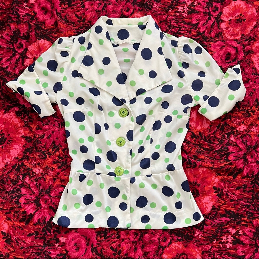 Vintage 60s 70s Polka Dot Peplum Style Blouse Top, XS